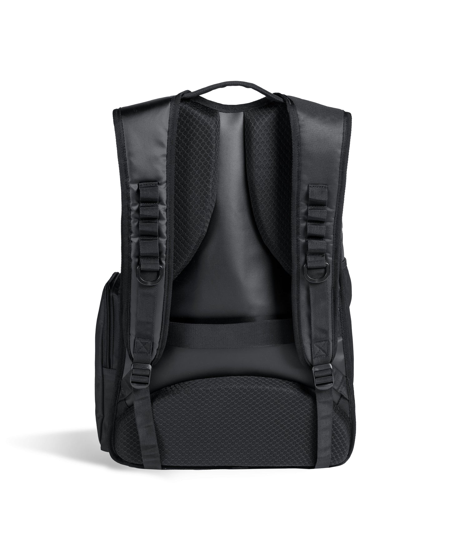 The Arena All Set Sports Swim Backpack 45L in black by Arena is shown from the back with padded shoulder straps, a top handle, mesh padding, and adjustable buckles against a plain white background.