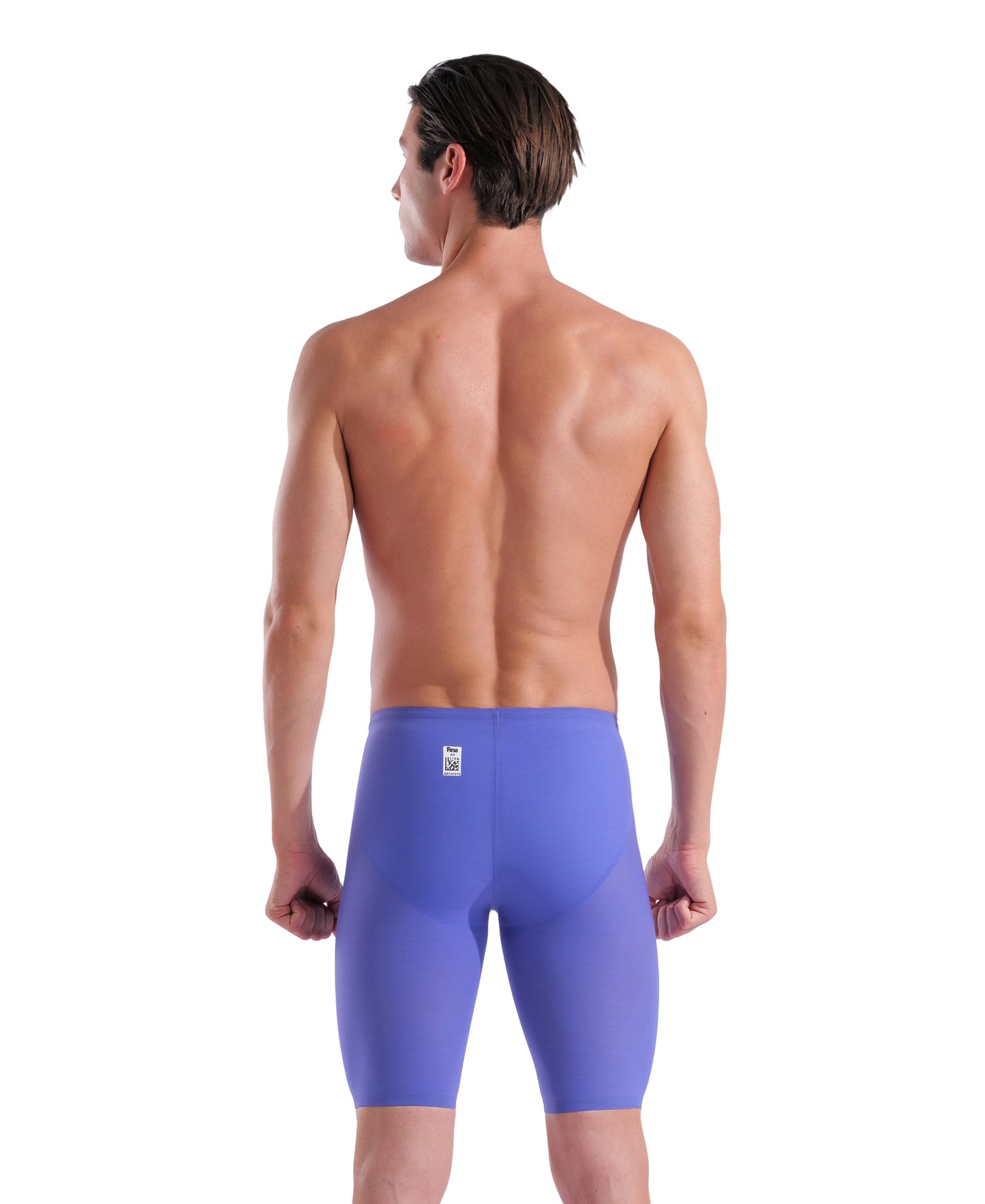 A shirtless man with short brown hair stands with his back to the camera, wearing the Arena Men's Powerskin Carbon Air2 Jammer - Limited Edition - Eclipse Glare. The background is plain white.
