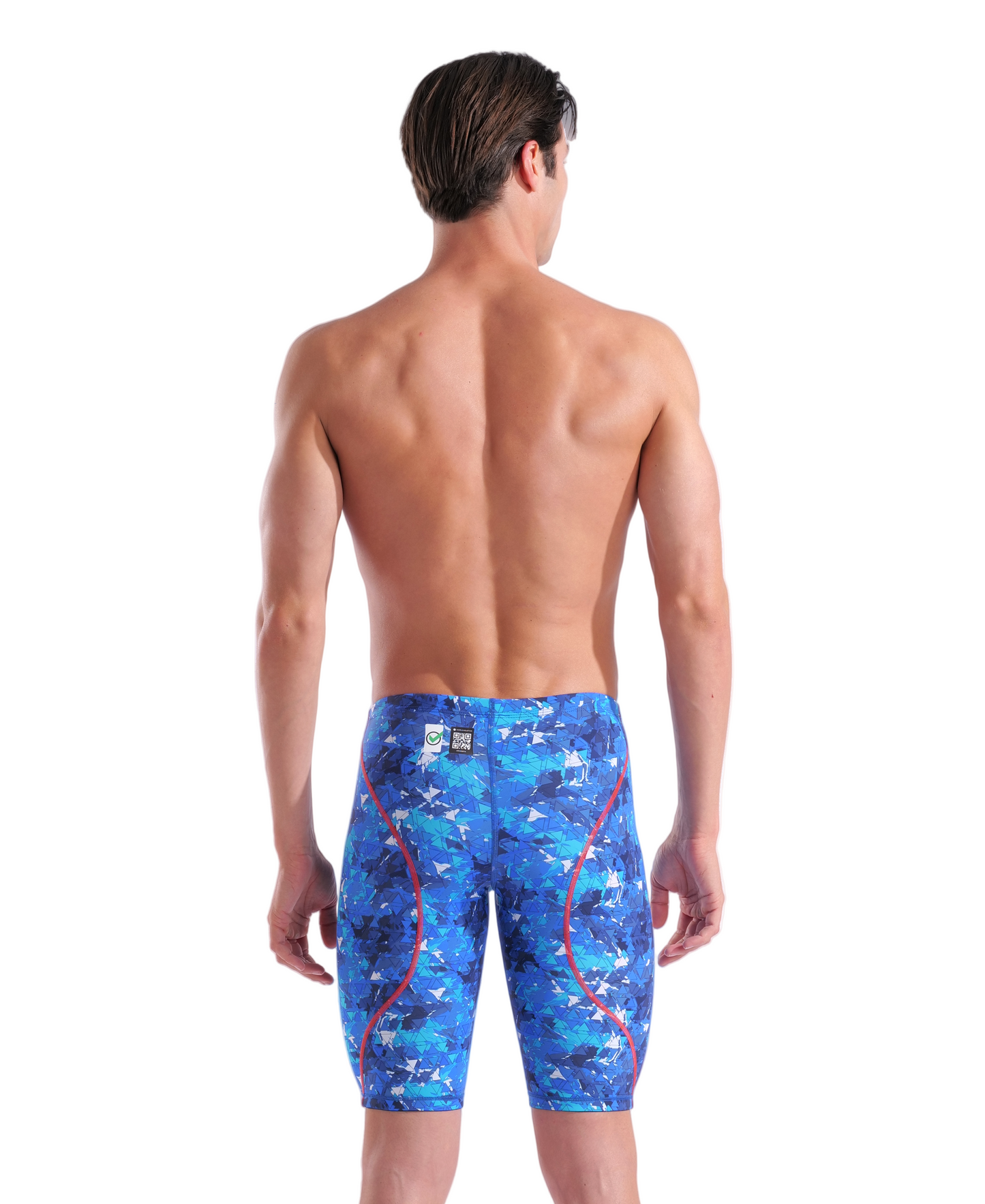 A man with short brown hair stands shirtless, facing away, wearing Arena Men's Powerskin ST Next Jammer - Limited Edition - Splashy by Arena. The eco-friendly blue patterned swimwear features red seams against a plain white background.
