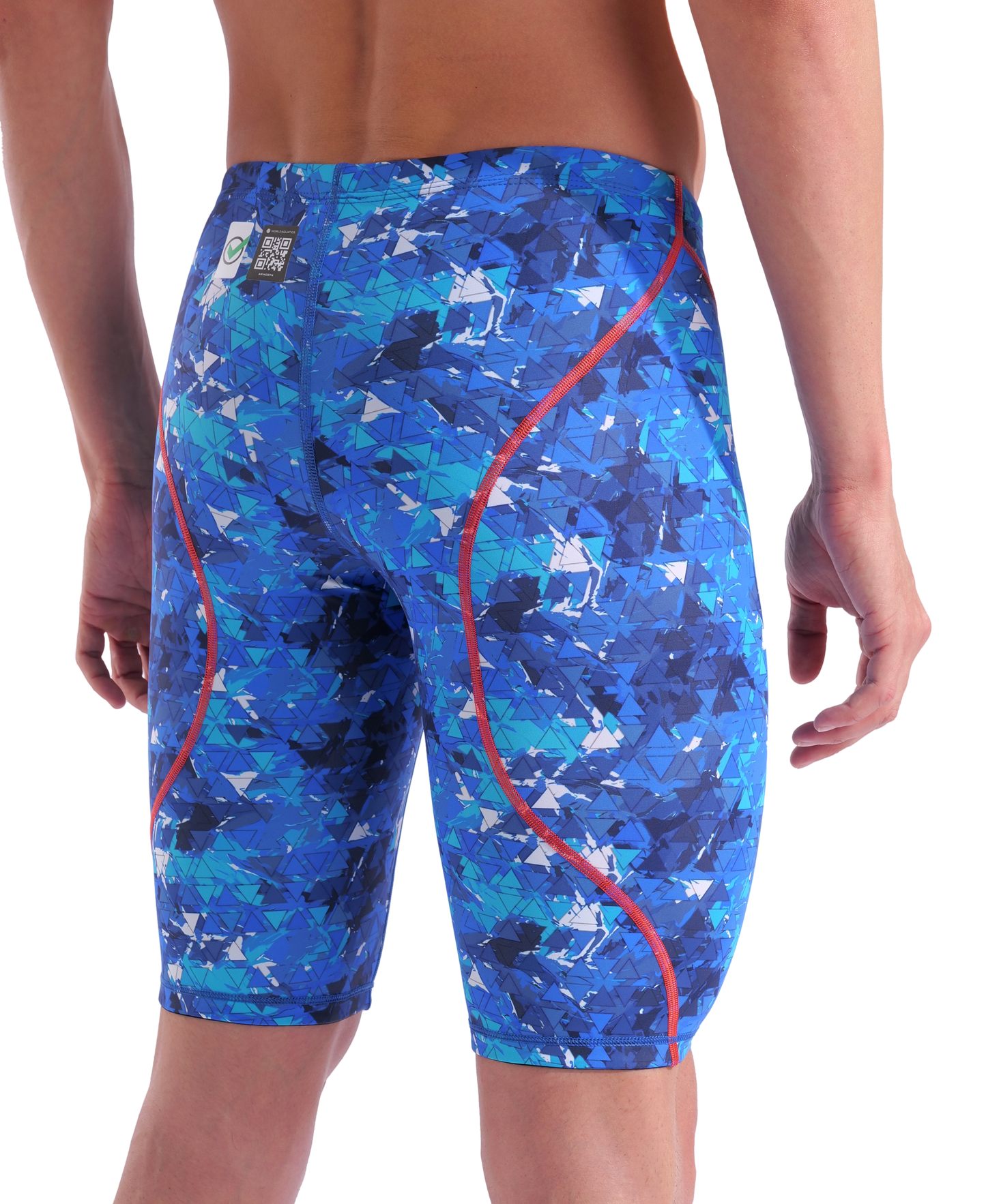 A person is shown from the back wearing the Arena Men's Powerskin ST Next Jammer - Limited Edition - Splashy, featuring a blue geometric pattern with red seams, against a plain white background.