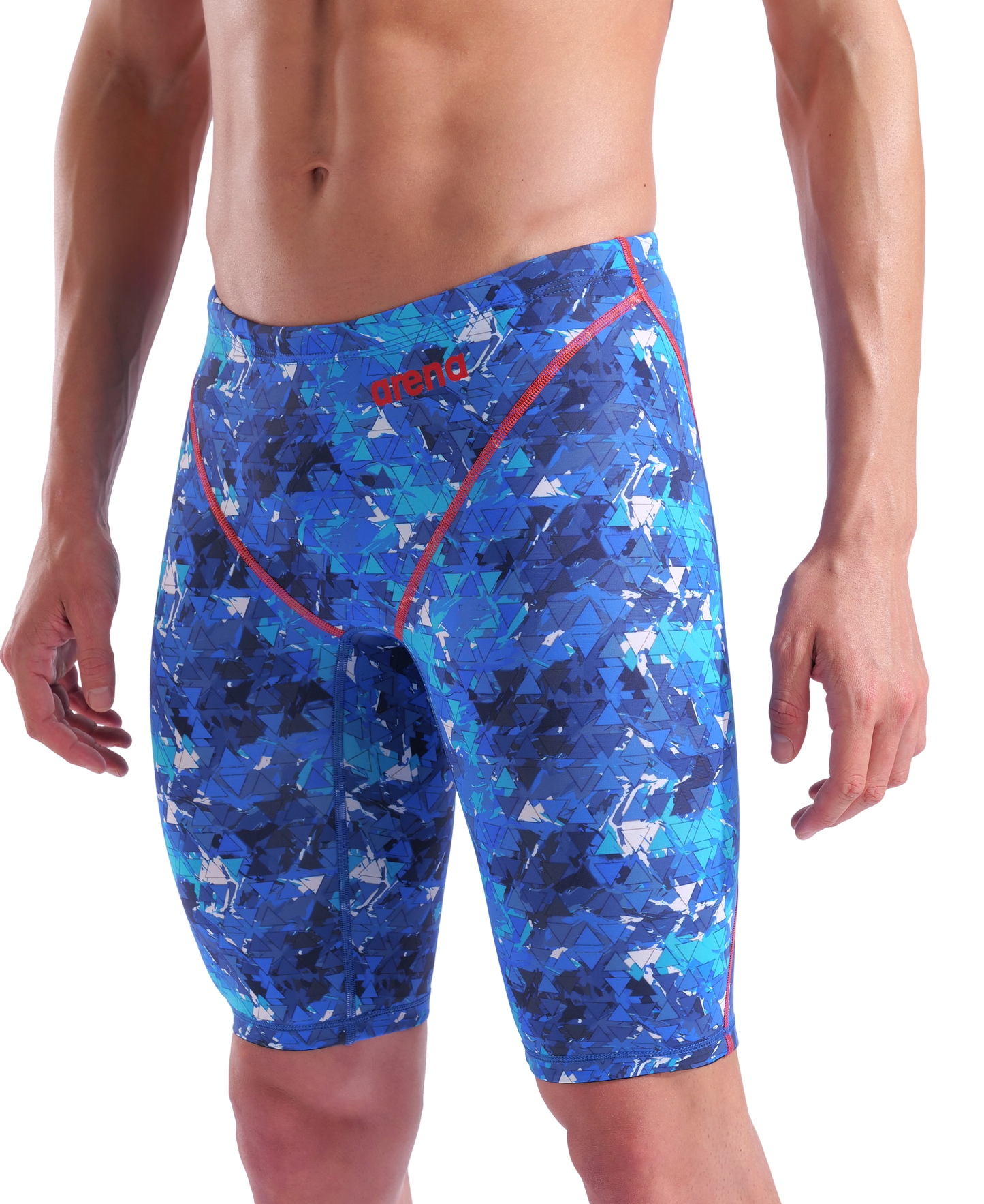 A person wearing the Arena Men's Powerskin ST Next Jammer - Limited Edition - Splashy in blue with red accents stands against a white background. This World Aquatics approved jammer by Arena covers from waist to just above the knees—ideal for racing.