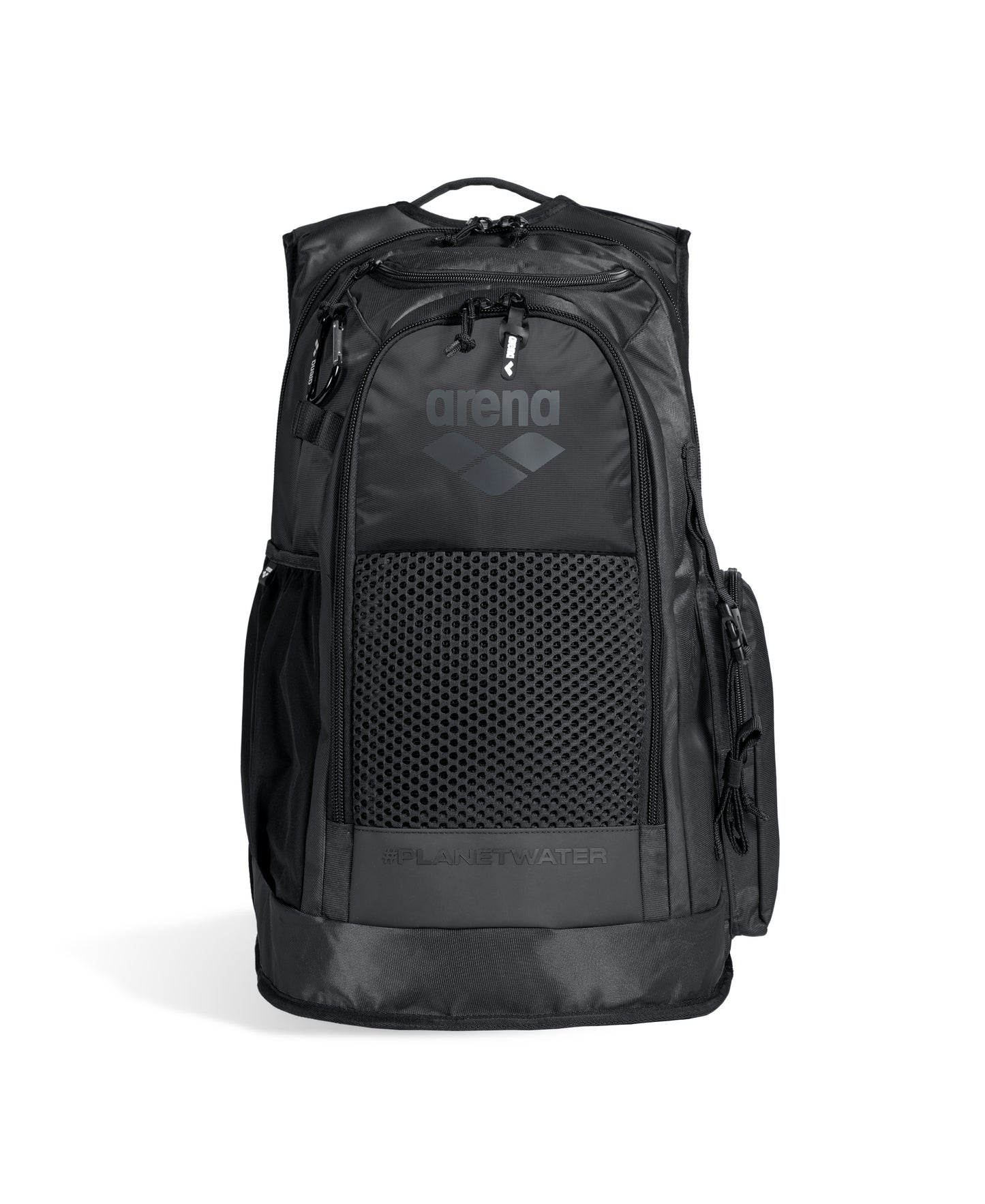 The Arena All Set Sports Swim Backpack 45L in black features a front mesh pocket, a side zipper pocket, and a gray Arena logo at the top center. With multiple compartments, it offers a sleek and sporty design for all your gear.