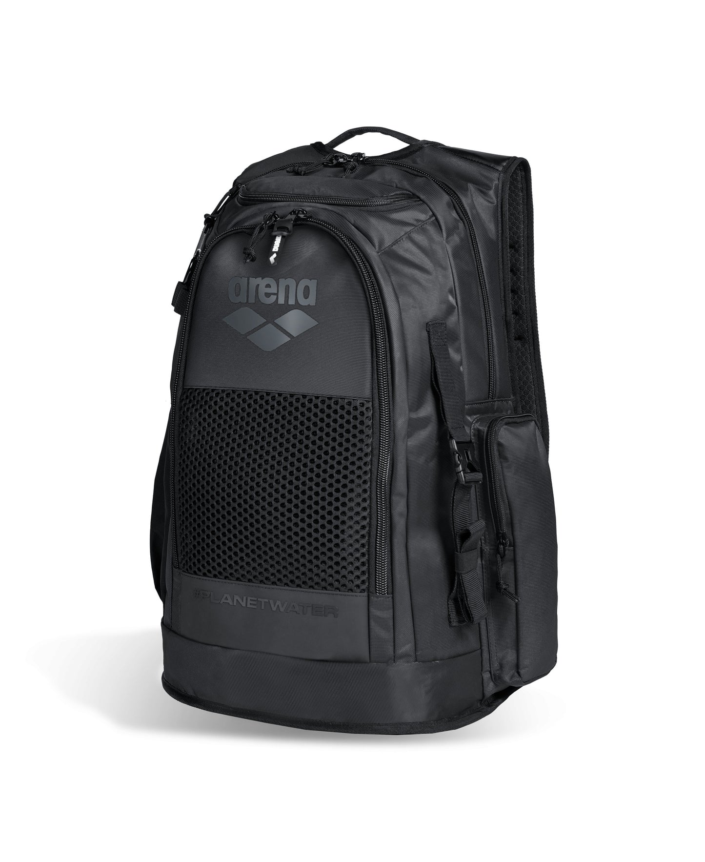 The Arena All Set Sports Swim Backpack 45L - Black features multiple zippered compartments, a mesh front pocket, and wet management system. Sleek, sturdy design with Arena logo makes it ideal for sports or travel.