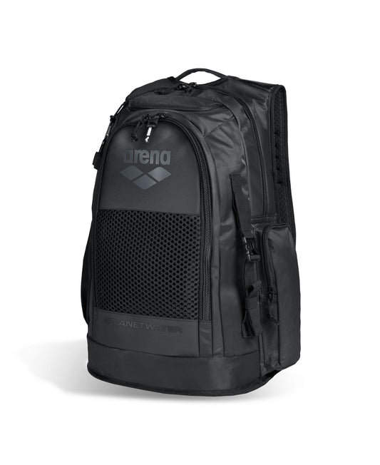 The Arena All Set Sports Swim Backpack 45L - Black features multiple zippered compartments, a mesh front pocket, and wet management system. Sleek, sturdy design with Arena logo makes it ideal for sports or travel.