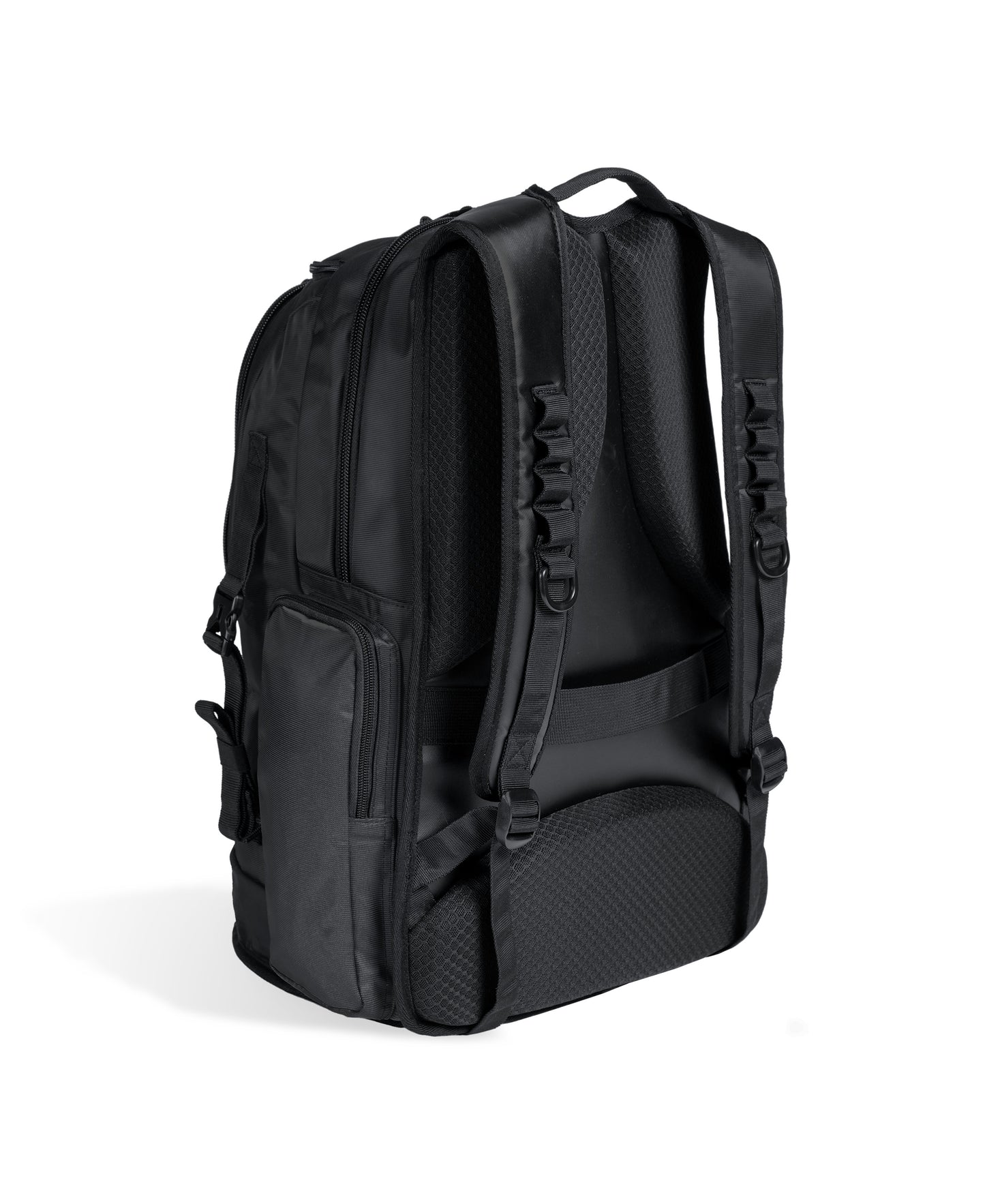 The Arena All Set Sports Swim Backpack 45L in black features padded shoulder straps, a back panel, multiple zippered compartments, side pockets, and a wet management system. Shown standing upright on a white background.