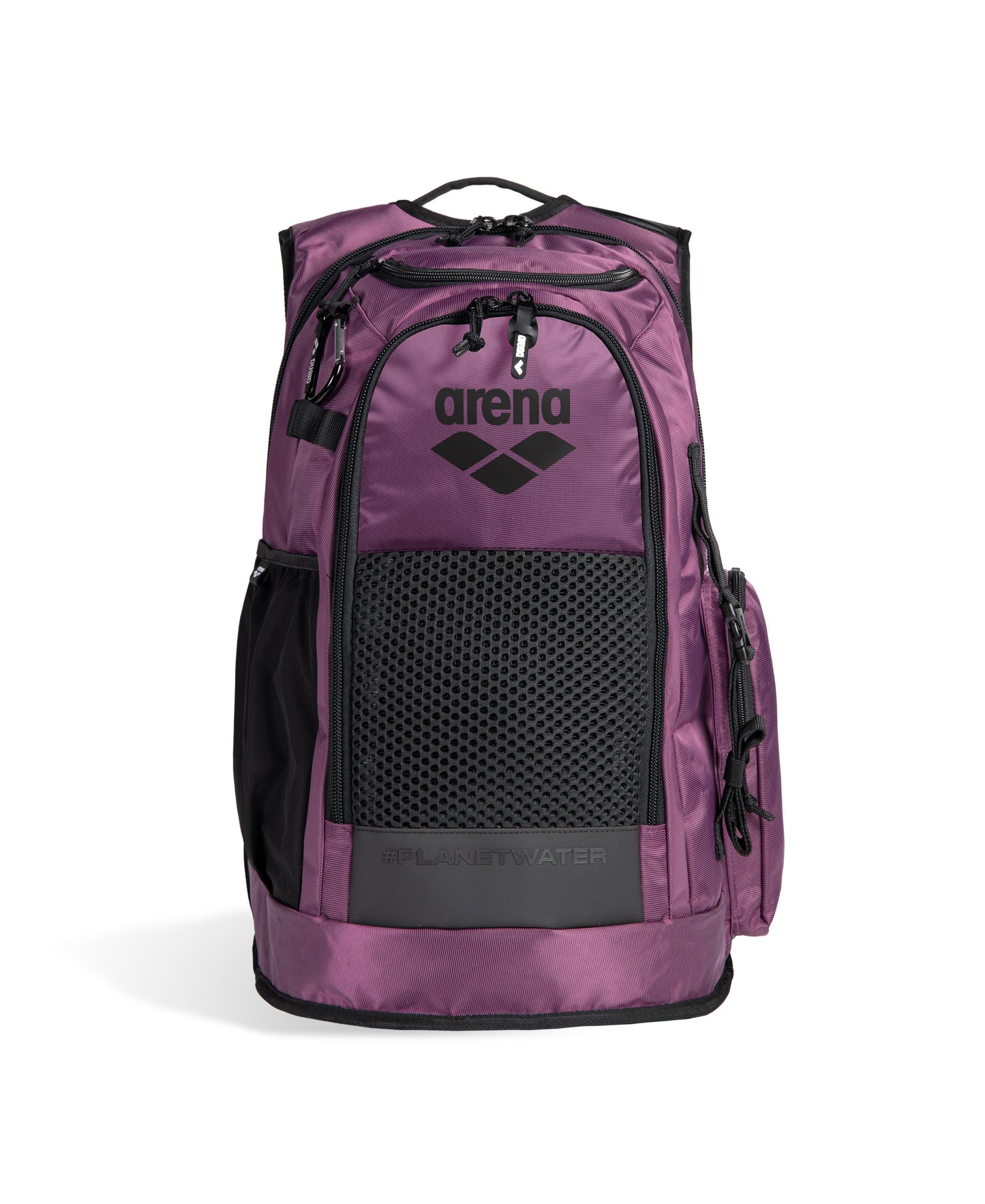 The Arena All Set Sports Swim Backpack 45L in Plum features a black mesh front pocket, side bottle holder, zippered compartments, water-repellent design, and the Arena logo in black on the top front.