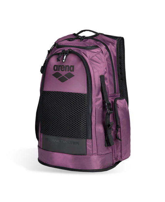 The Arena All Set Sports Swim Backpack 45L in Plum features black zippers, mesh front pocket, top handle, side pockets, and a black Arena logo on the flap. Includes a wet management system to keep your gear organized and dry.