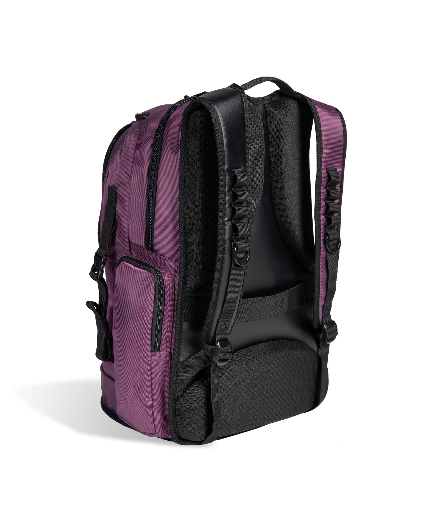 The Arena All Set Sports Swim Backpack 45L in Plum by Arena is shown from the back, displaying padded shoulder straps, a back panel, side pockets, buckles, and a water-repellent finish—ideal for active use. Shown on a white background.