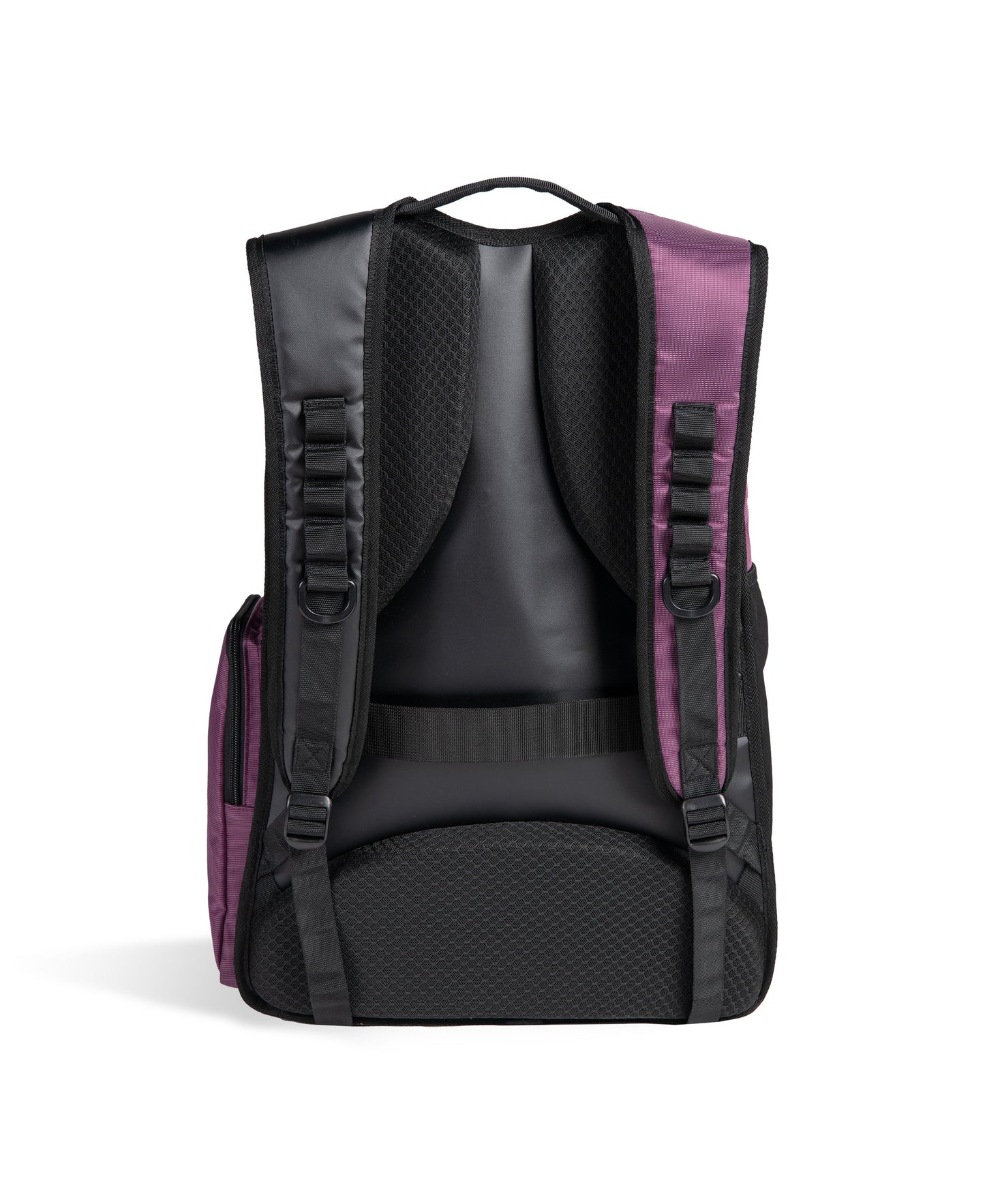 The Arena All Set Sports Swim Backpack 45L in Plum features padded shoulder straps, a top handle, mesh padding for comfort, and a water-repellent design from Arena.