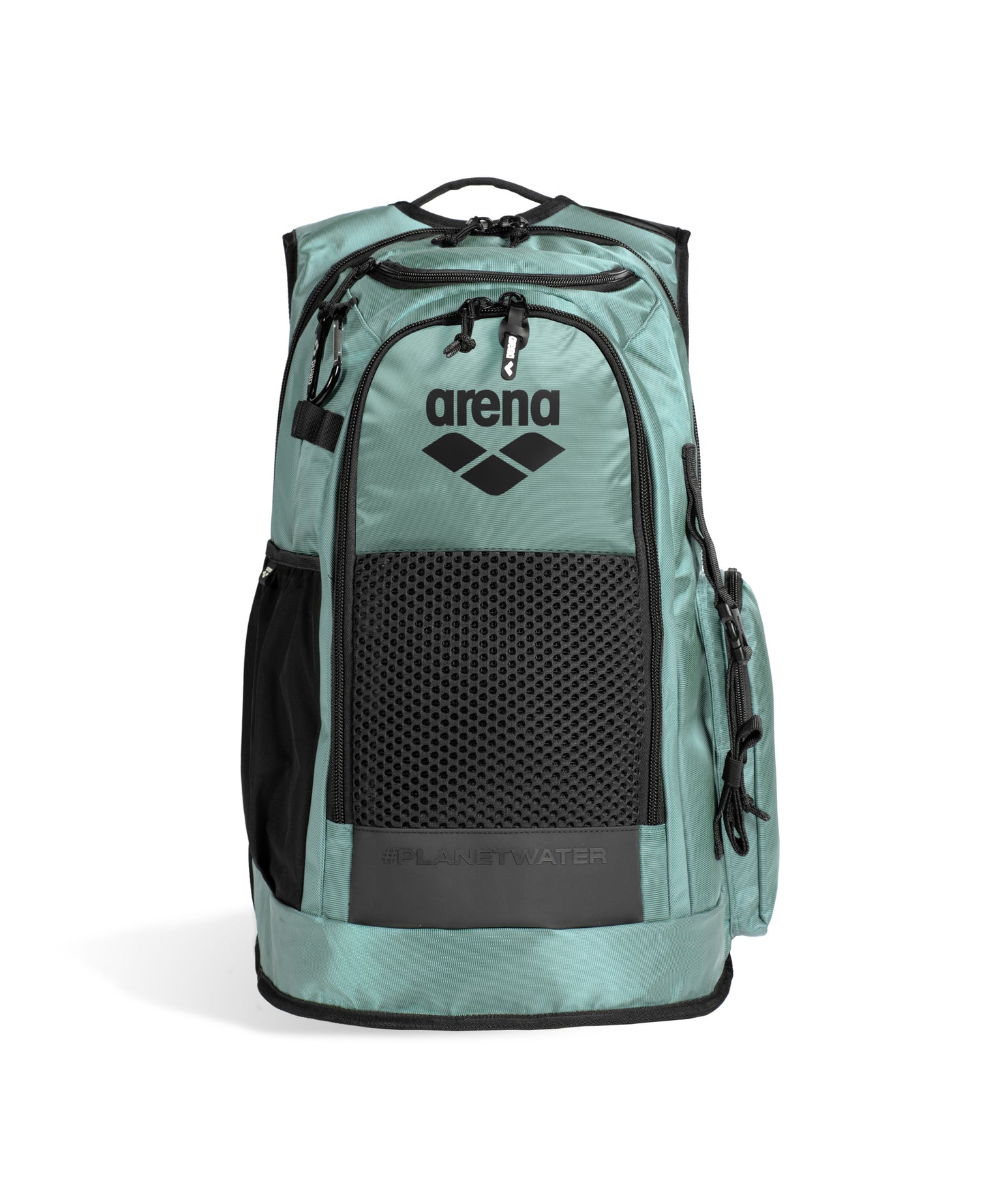 The Arena All Set Sports Swim Backpack 45L in sage, featuring black accents, Arena branding, mesh and side pockets, zippered compartments, and a laptop sleeve, is shown against a white background.
