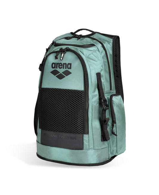 The Arena All Set Sports Swim Backpack 45L in sage features black zippers, a black mesh front pocket, side straps, a laptop sleeve, and a top-front “arena” logo. The backpack is shown against a white background.