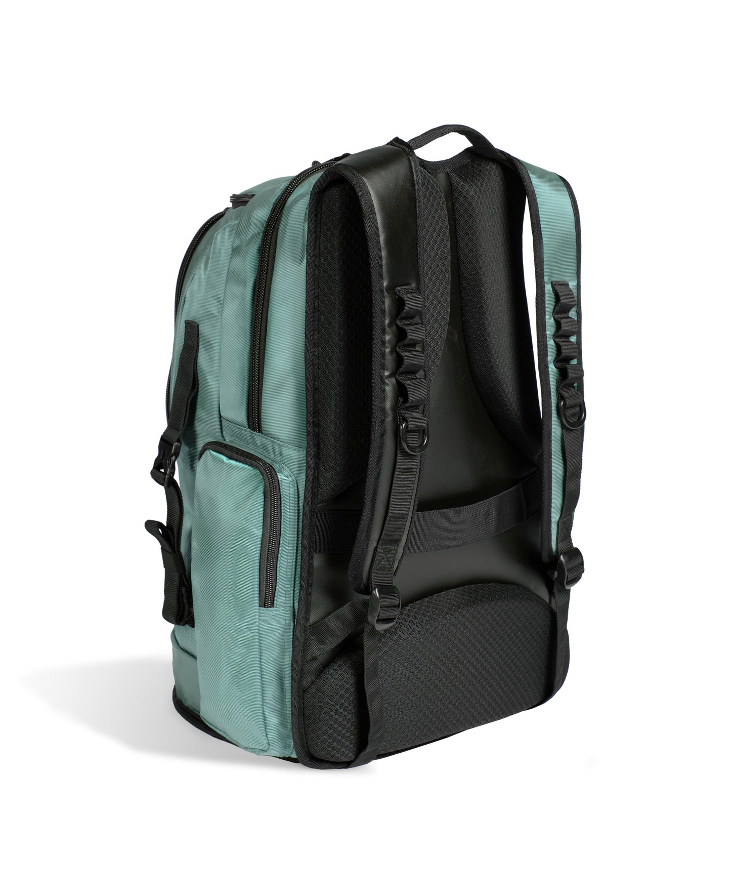 The Arena All Set Sports Swim Backpack 45L in sage, by Arena, is shown from the back with padded shoulder straps, multiple side pockets, a mesh-padded back panel, and a laptop sleeve against a plain white background.