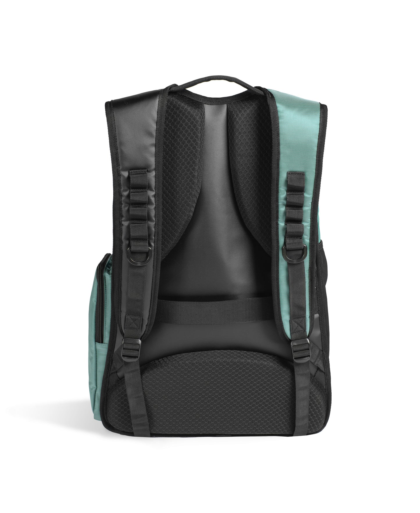 The Arena All Set Sports Swim Backpack 45L in sage, shown from the back, features padded shoulder straps, a top handle, mesh padding for comfort, and a wet management system to keep your gear organized.