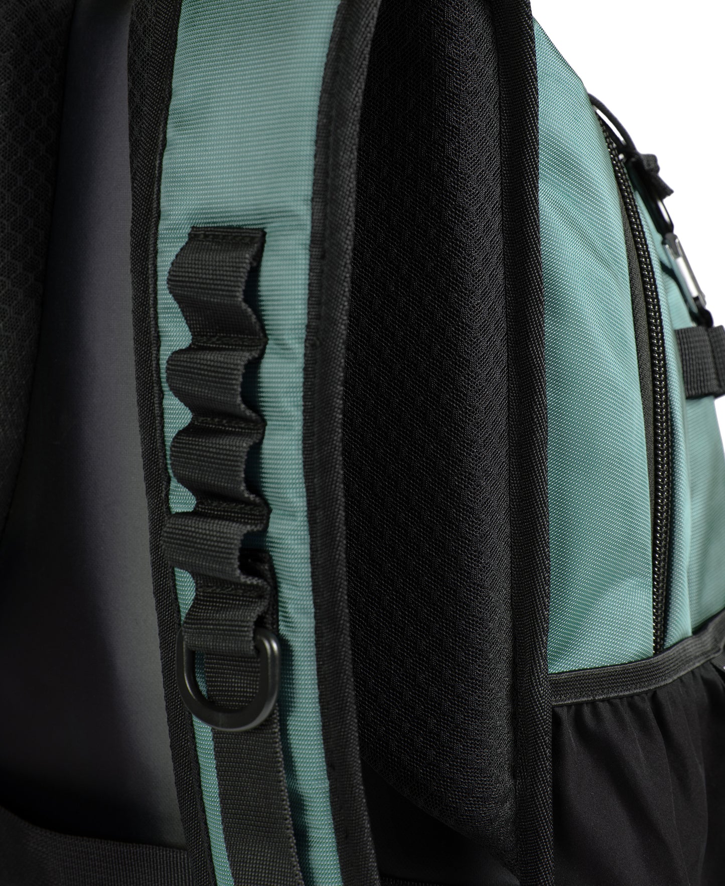 Close-up of the Arena All Set Sports Swim Backpack 45L in Sage, featuring teal and black fabric, a side handle with webbing loops, D-ring, breathable mesh back padding, wet management system, and a zippered pocket.