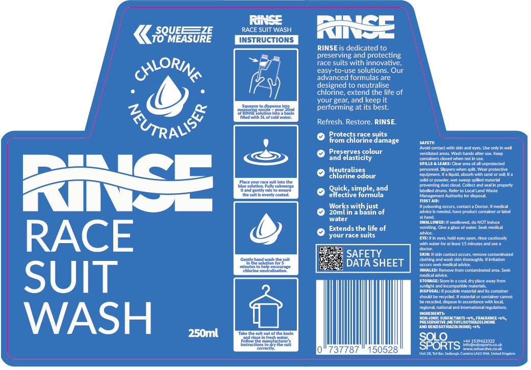 Blue label of RINSE Race Suit Wash with text and graphics on a white background