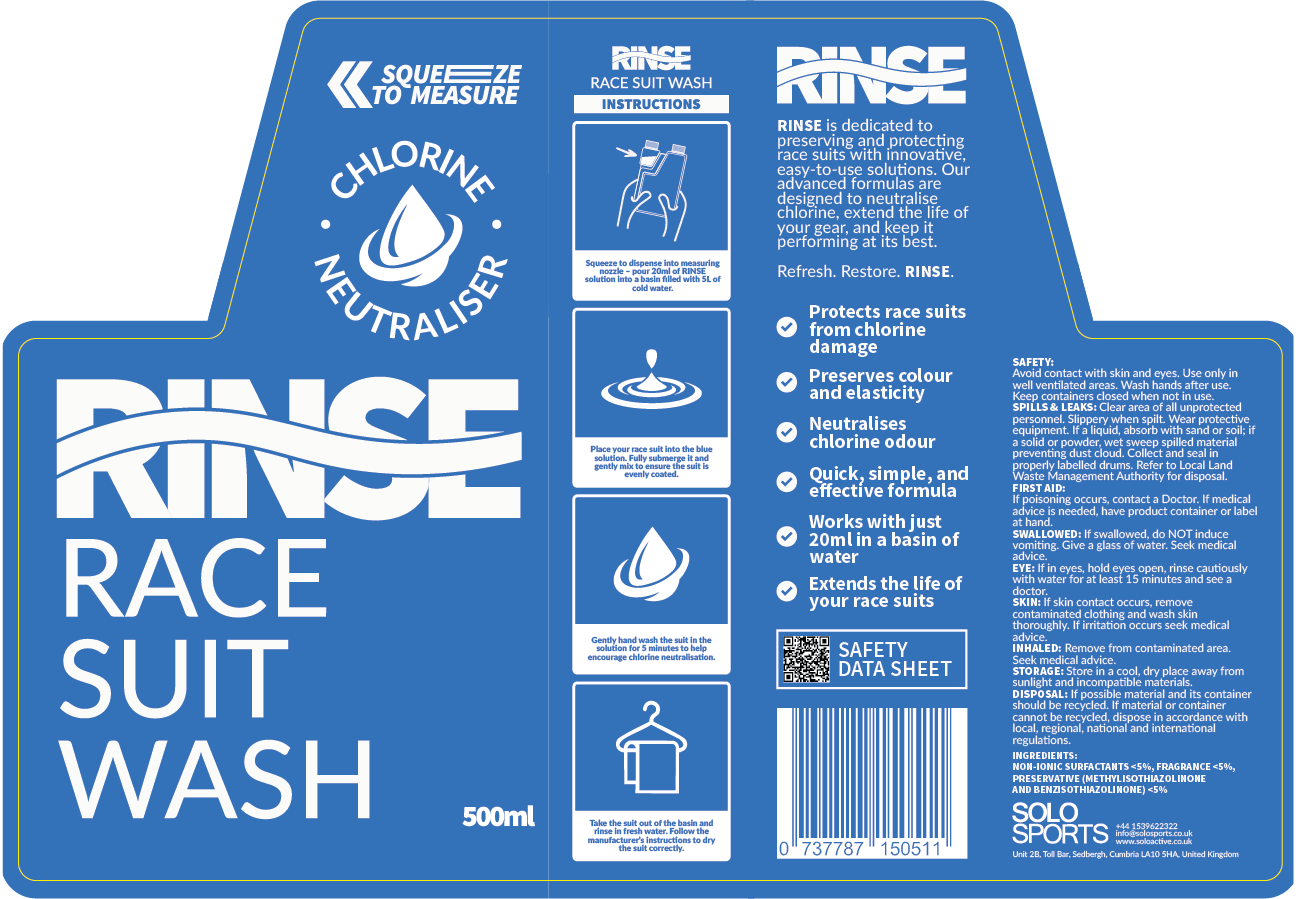 Blue label of RINSE Race Suit Wash with text and icons on a white background