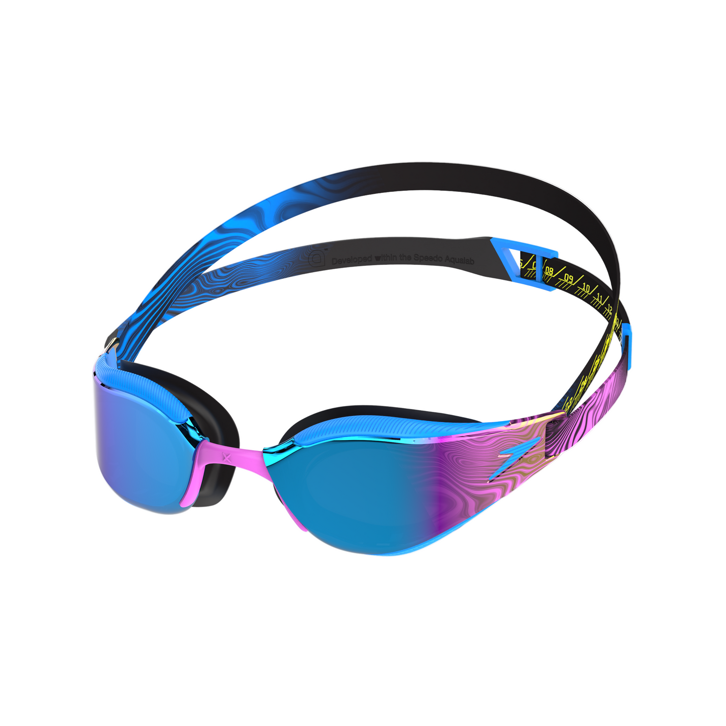 Multicolored swim goggles with a blue and pink lens on a white background