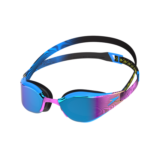 Multicolored swim goggles with a blue and pink lens on a white background