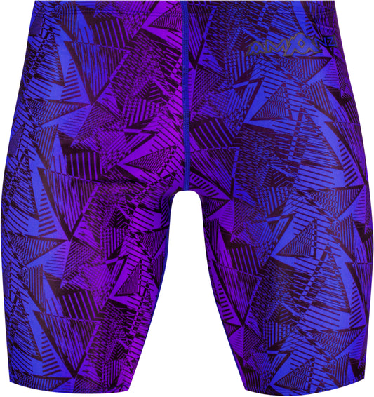 Purple and blue geometric patterned swim shorts on a white background