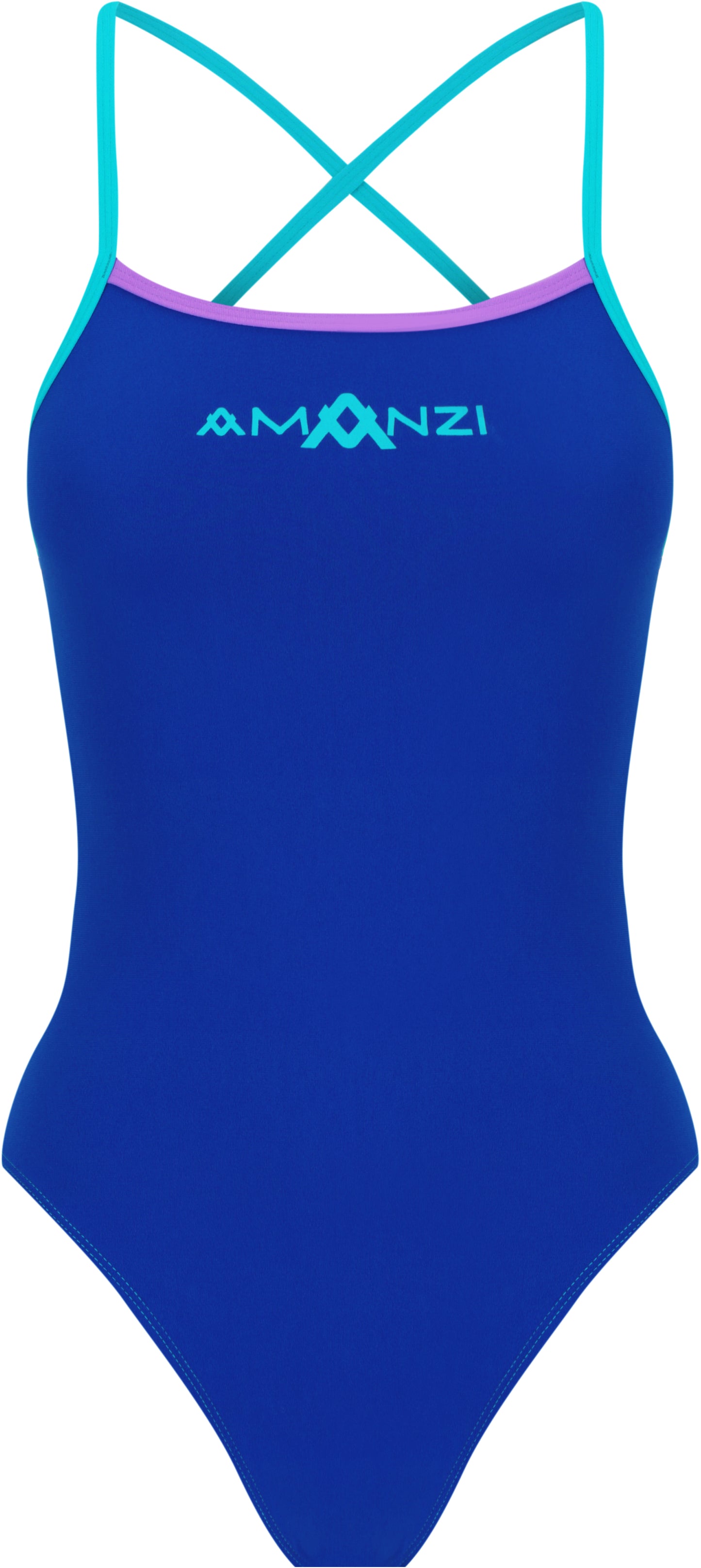 The Amanzi Women's Tie Back One Piece - Baltix features royal blue fabric, aqua crisscross straps, purple trim, and “AMANZI” in aqua on the chest. Chlorine resistant for lasting color and durability with standout style.
