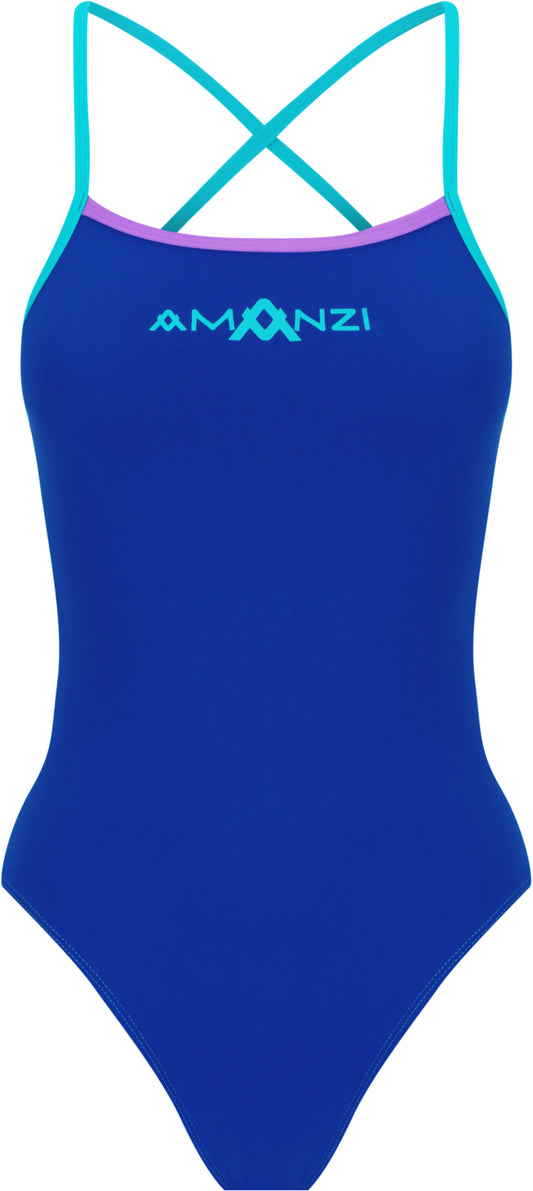 The Amanzi Women's Tie Back One Piece - Baltix features royal blue fabric, aqua crisscross straps, purple trim, and “AMANZI” in aqua on the chest. Chlorine resistant for lasting color and durability with standout style.