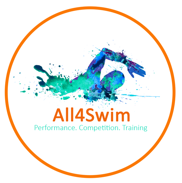 Logo of all4swim featuring a vibrant, watercolor swimmer in mid-stroke inside an orange circle, with text 'performance. competition. training.'.
