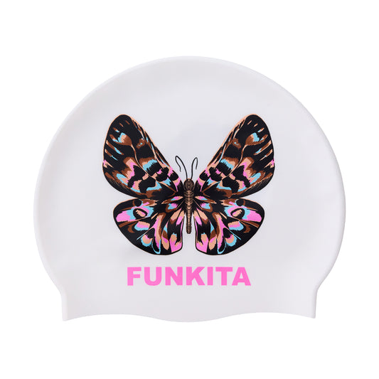 The Funkita Copper Cluster Swim Hat is a white, one-size silicone cap featuring a vibrant butterfly design in the center and “FUNKITA” in bold pink lettering below. Latex free for comfortable, colorful swimming style.