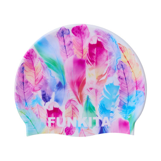 The Funkita Tickle Pink Swim Hat is a colorful silicone, latex-free cap with a vibrant feather design in pink, purple, blue, and yellow and 