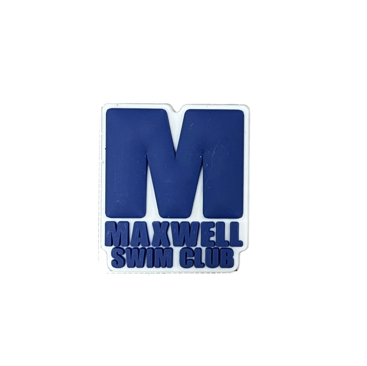 The Maxwell Swimming Club Shoe Charm by All4Swim features a rectangular design with a bold blue "M" above "MAXWELL SWIM CLUB" on white—ideal as a croc charm or poolside accessory.