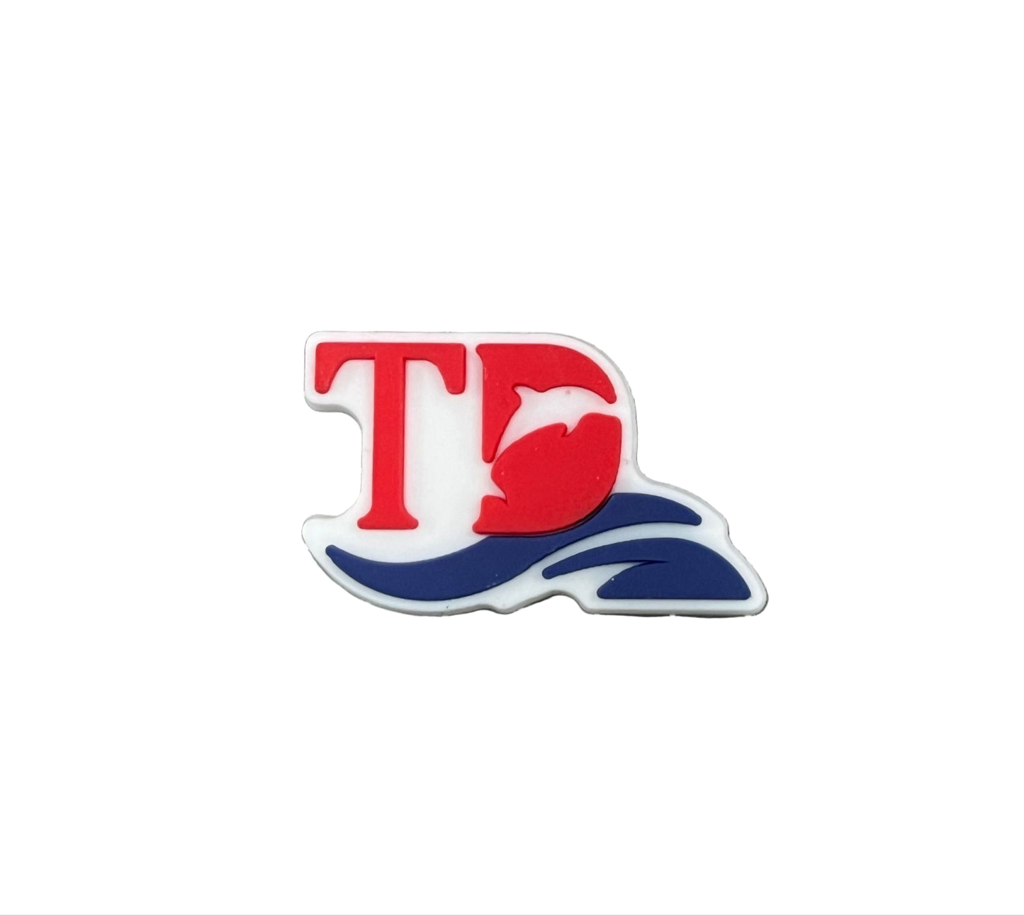 The Torfaen Dolphins Swimming Club Shoe Charm by All4Swim features a red "TD" logo with a dolphin in the "D" above blue waves on white—a fun poolside or croc accessory.