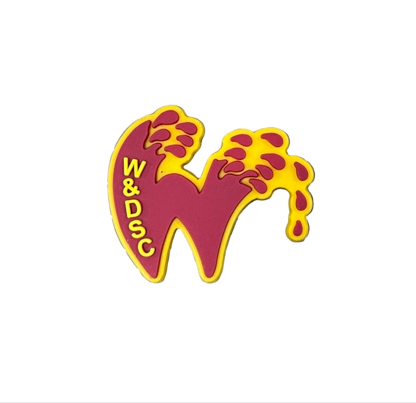 The Wareham Swimming Club Shoe Charm by All4Swim features a stylized "W" with red and yellow drip details and "W & DSC" on the left. Its white background makes it a bold poolside or swimming accessory.
