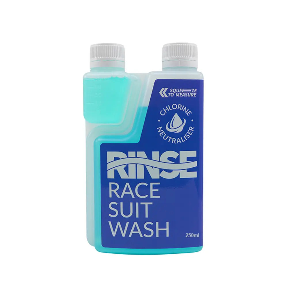 Bottle of rinse race suit wash with blue and white design on a white background