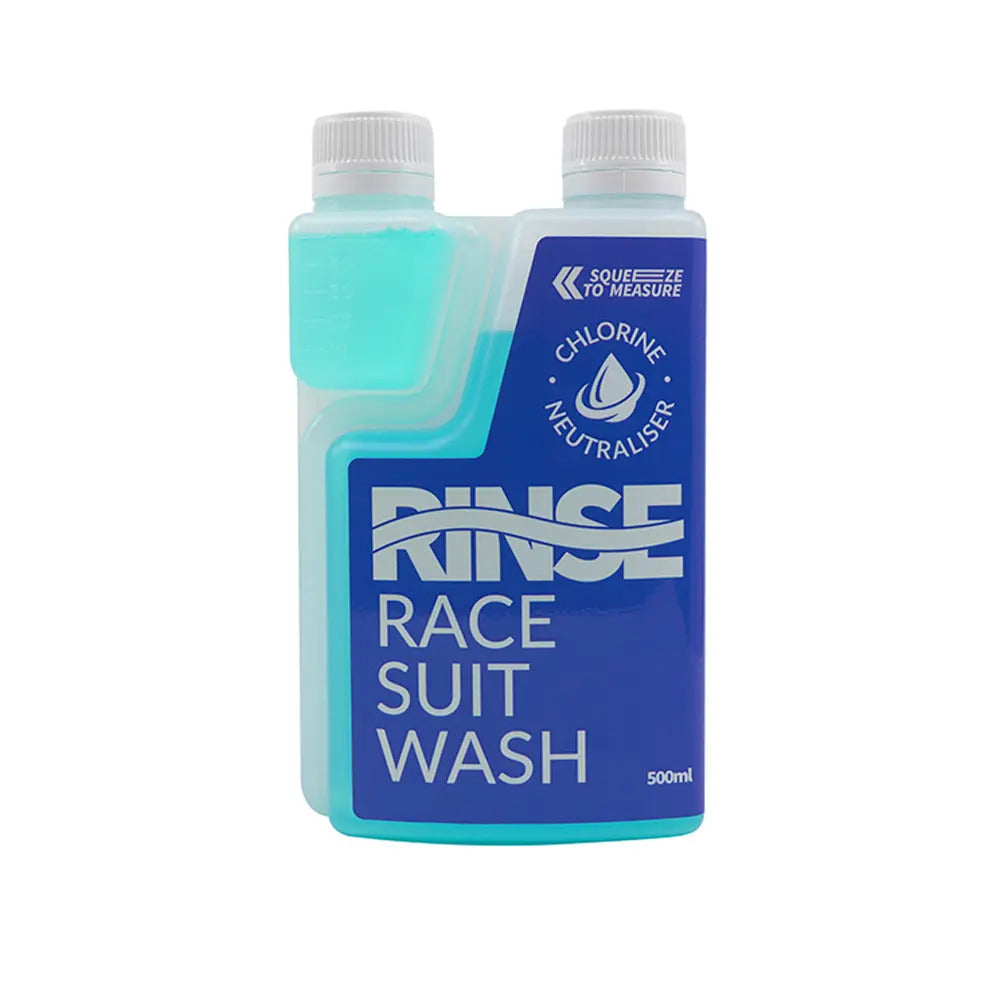 Blue bottle of rinse race suit wash with white text on a white background